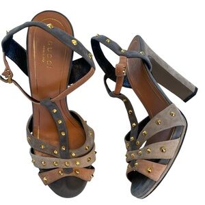 Gucci Women's Heels with Gold Studs - Black, Gray, and Tan size 39